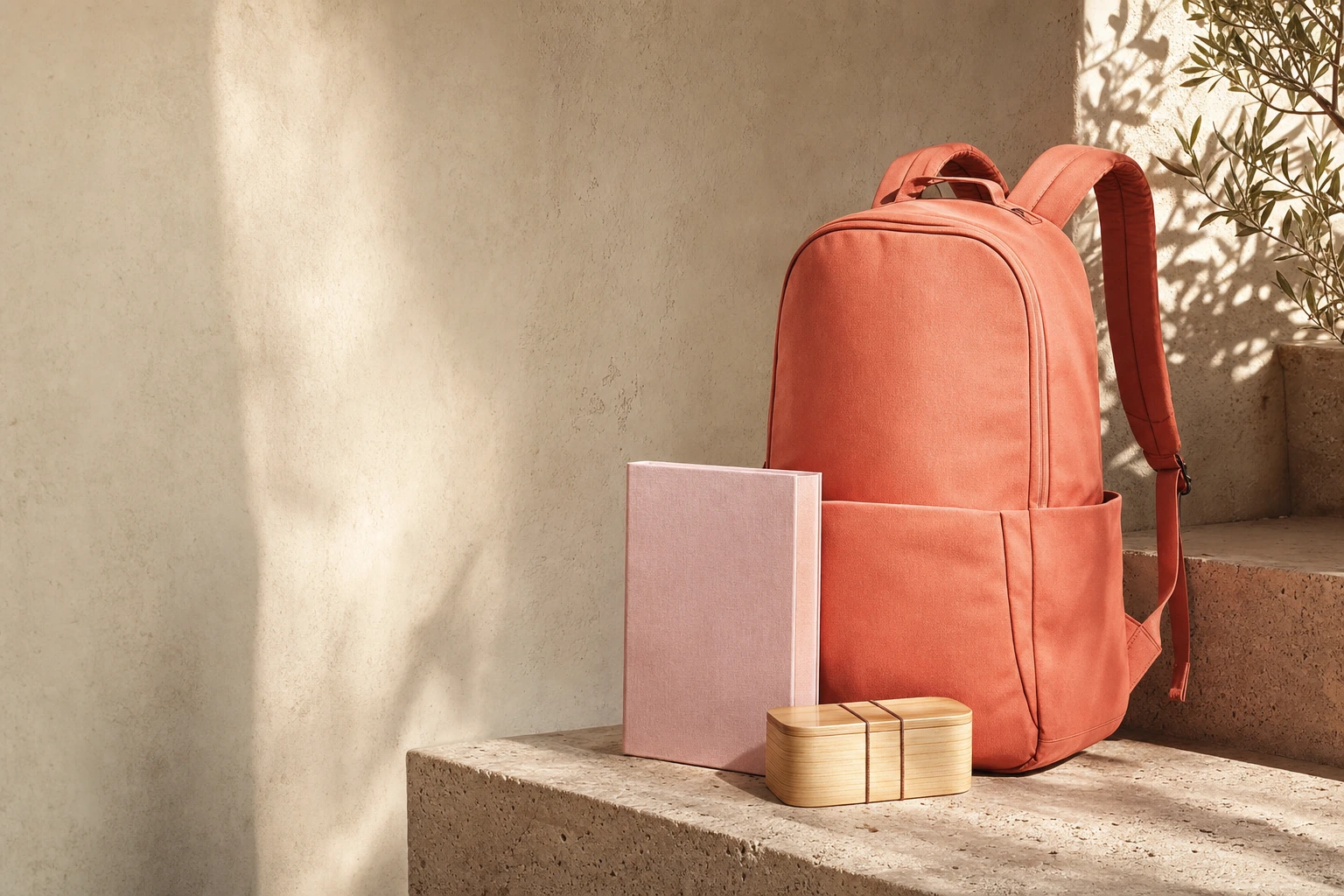 A coral backpack on a cream stone plinth beside a pink binder and wood bento box under soft light, with negative space on the left.
