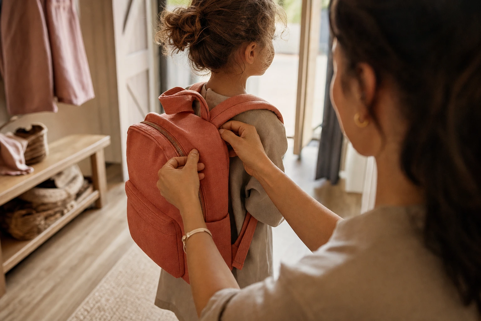 A parent's hands gently adjust the coral strap of a canvas backpack on a child's shoulder in warm morning light.