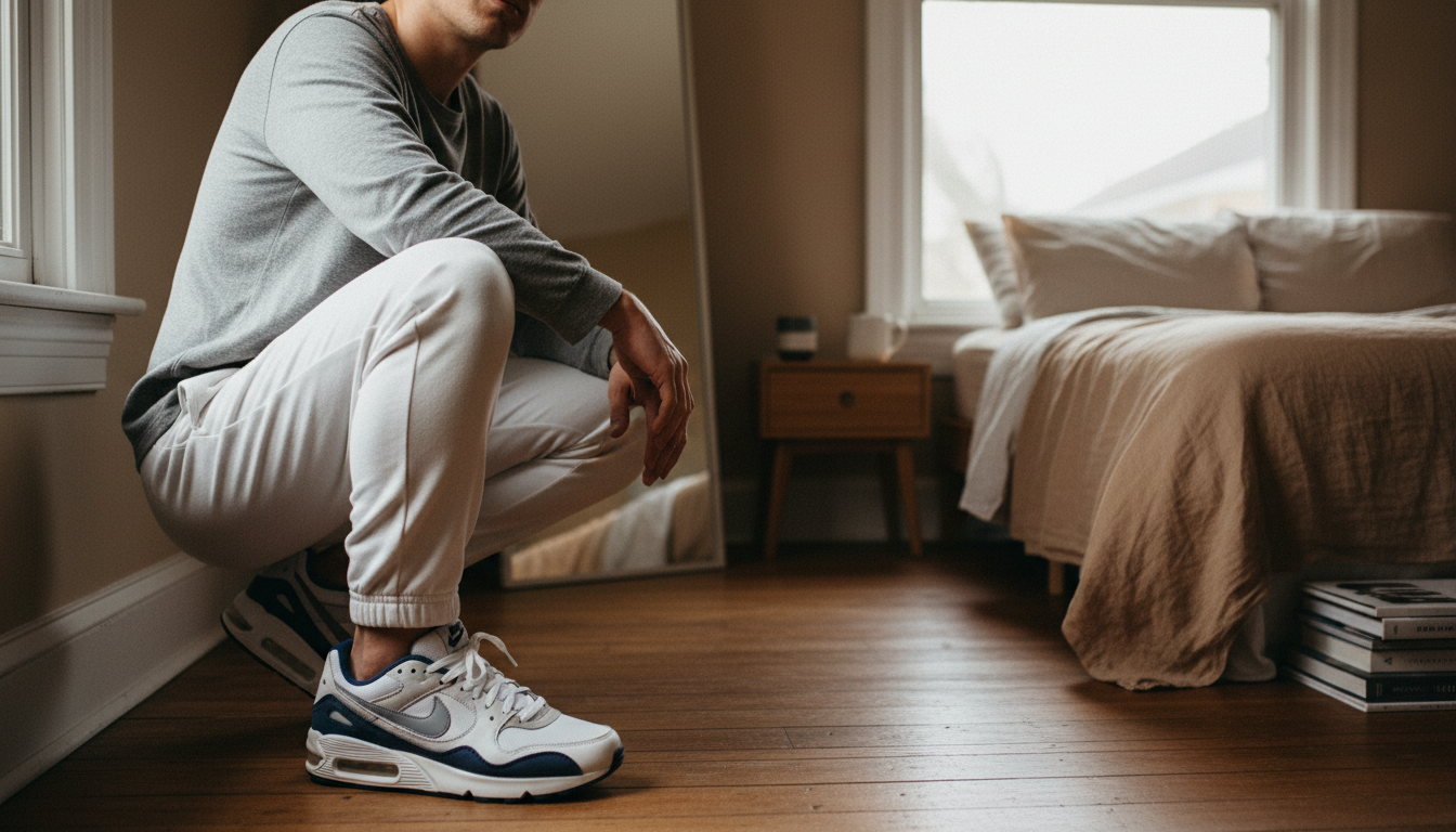 A candid daylight photograph of an anonymous person wearing nike men's air max ltd 3 shoes review in an ordinary real place — bedroom, hallway, terrace or street — framed from the