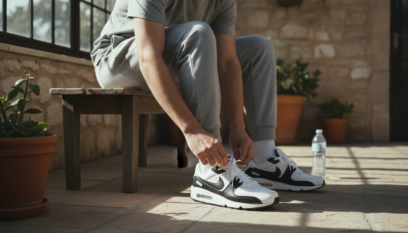 A candid daylight photograph of an anonymous person wearing nike men's air max ltd 3 shoes in an ordinary real place — bedroom, hallway, terrace or street — framed from the waist u