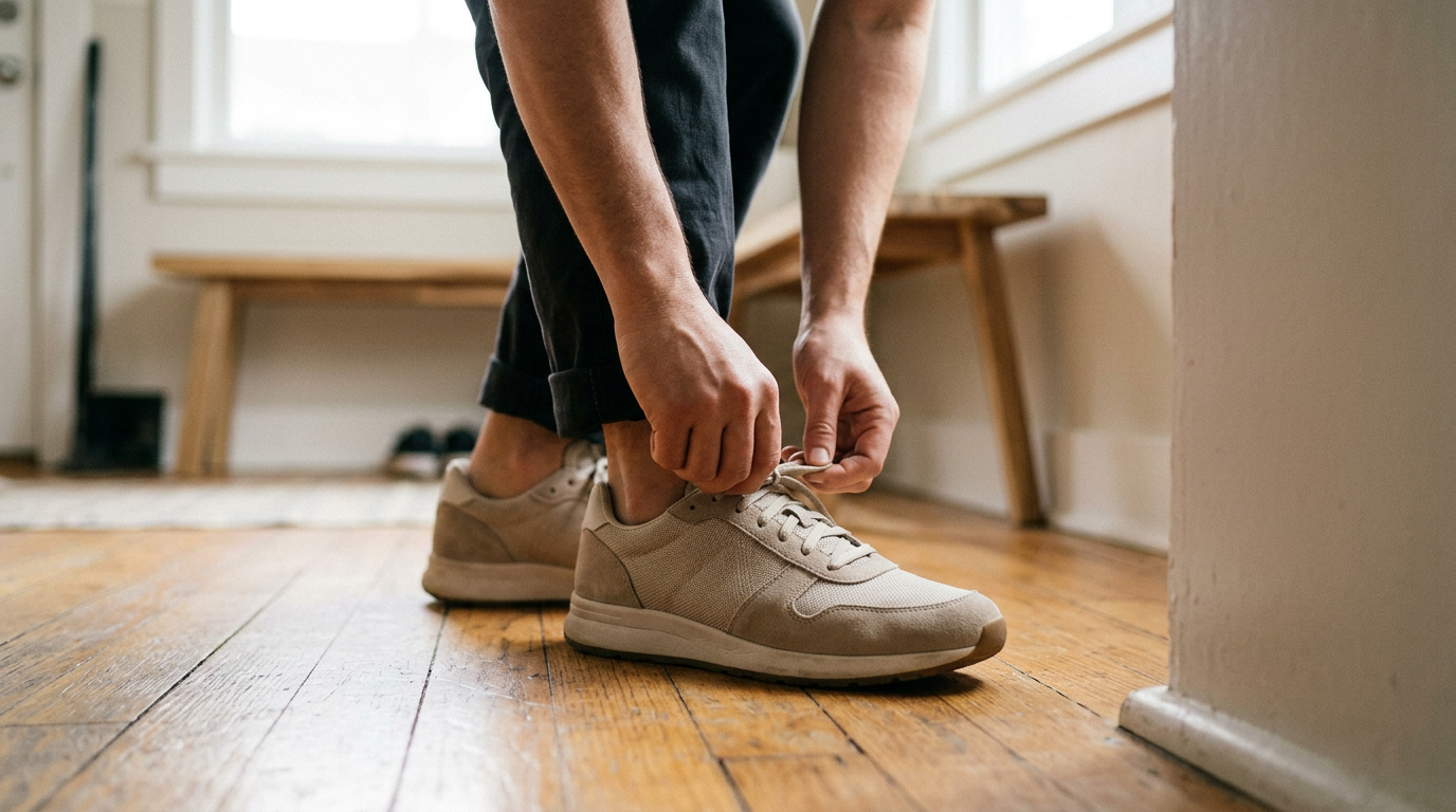 A person tightens the laces of neutral sneakers on a wooden floor.