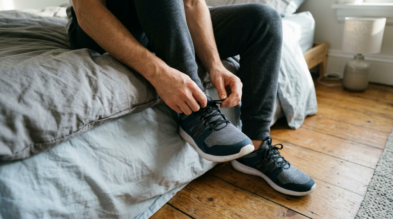 Capture a high-angle, documentary-style shot of a person sitting on the edge of a rumpled bed, focusing on their hands adjusting the laces of the sneakers.