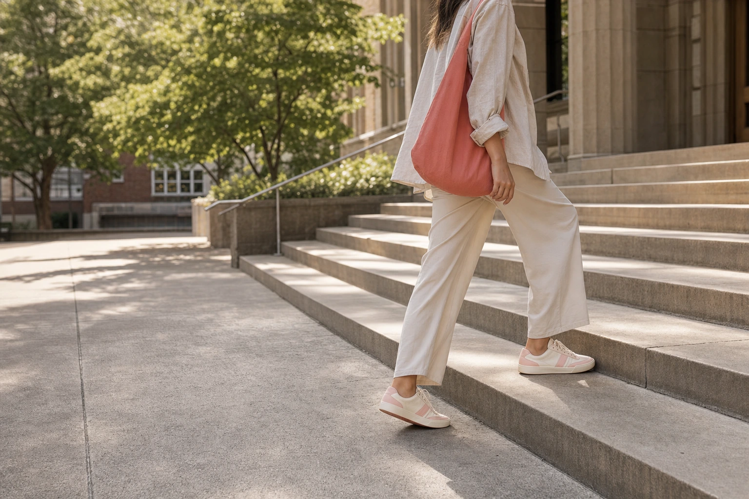 Low-angle view of a person wearing cream and pink sneakers and neutral trousers as they walk up sun-drenched concrete stairs.