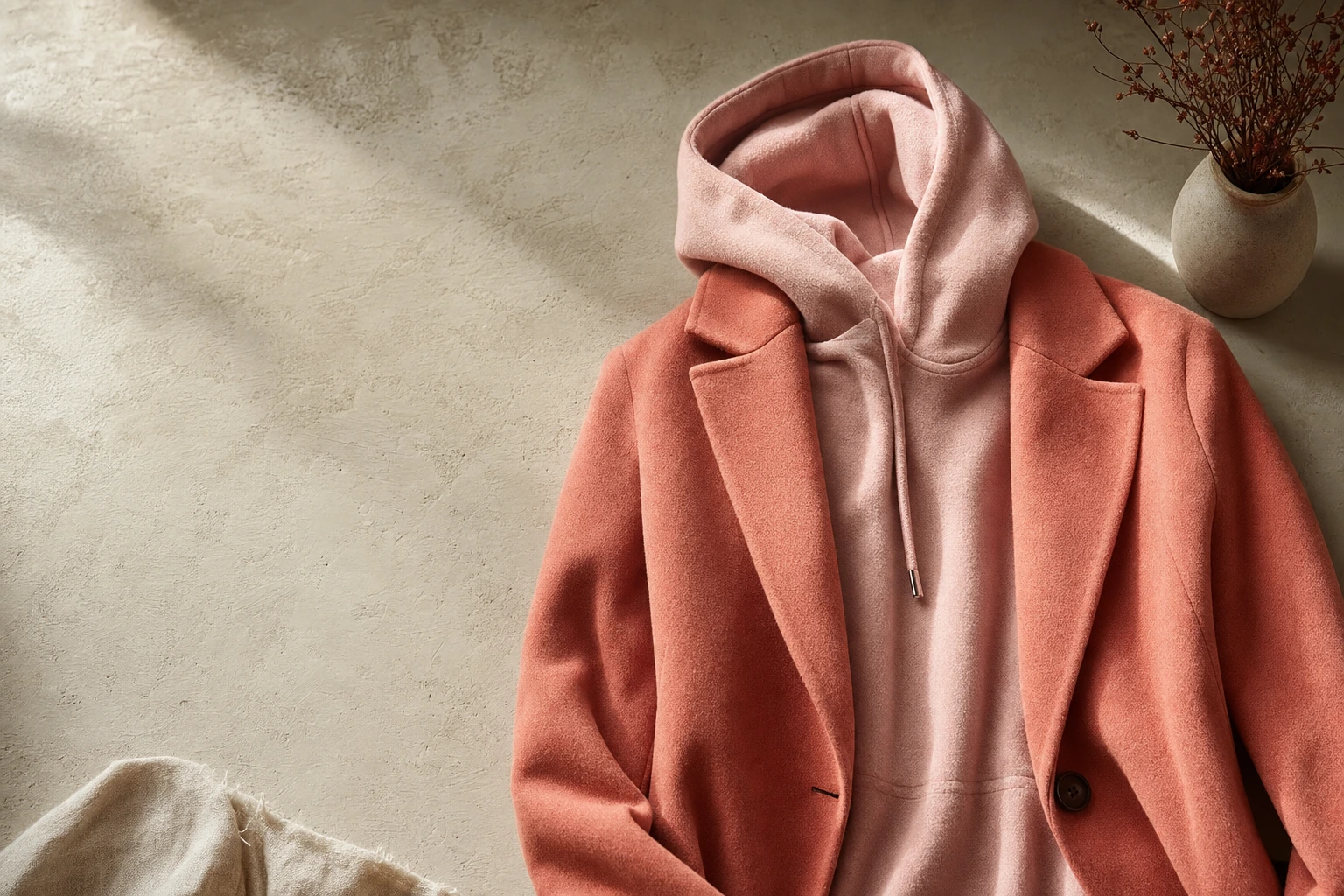 A pink fleece hoodie layered under a coral wool coat on a textured plaster surface, softly lit with negative space on the left.