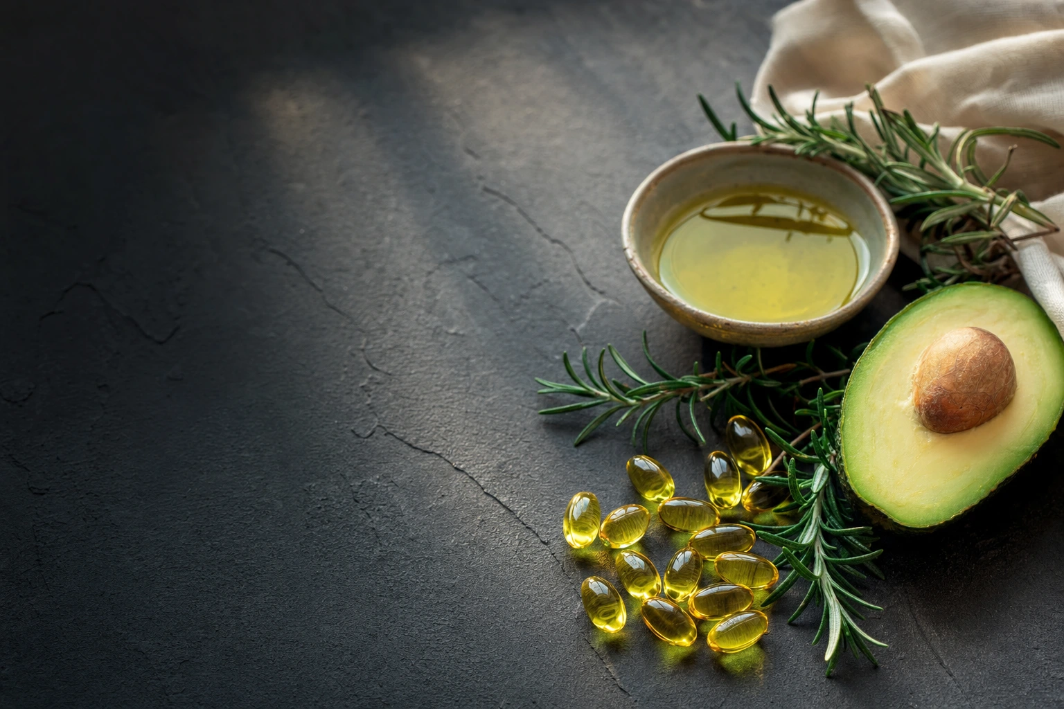 Omega-3 capsules beside avocado, olive oil and rosemary on a dark surface.
