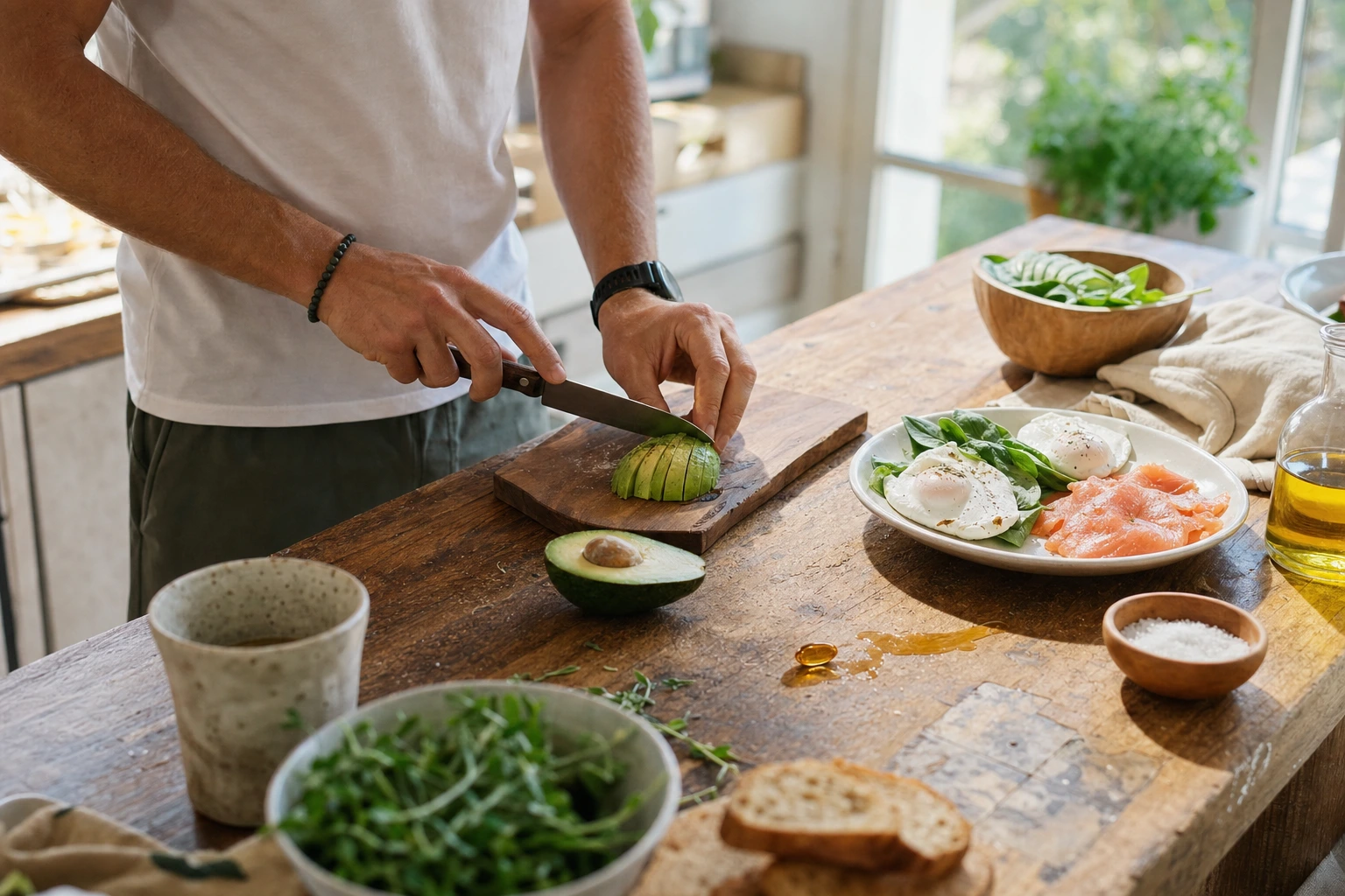 Hand slicing an avocado on a sunlit wooden counter next to poached eggs, salmon, spilled olive oil, and an amber gel capsule.