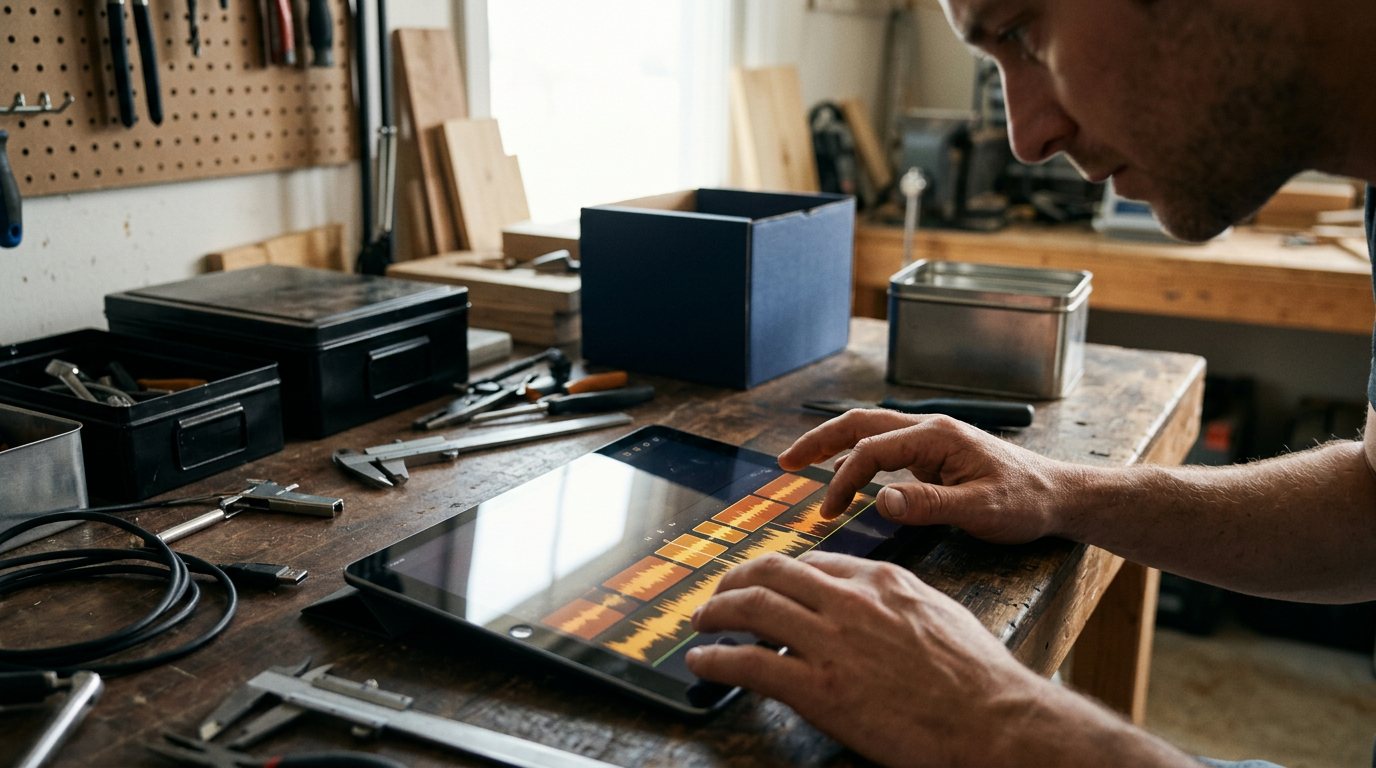 A close-up, high-angle shot reveals a luminous, oversized tablet resting on a heavy anthracite workbench, displaying a complex timeline of orange-tinted waveform edits.