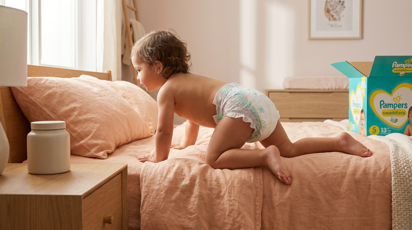 A toddler in a diaper crawls across a bed with peach-colored sheets in a sunlit bedroom next to an open diaper box.