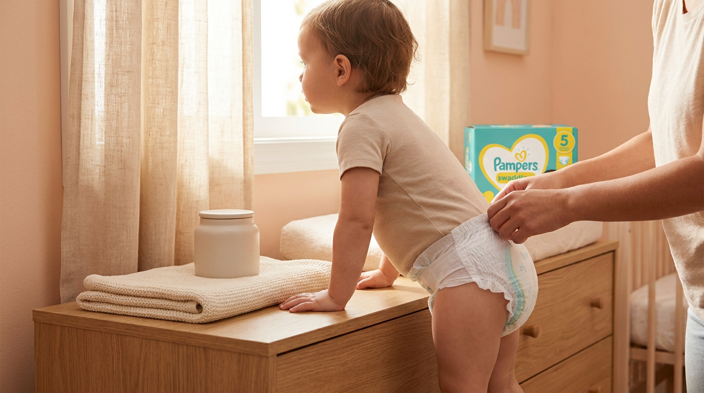 A toddler in a beige bodysuit stands on a wooden dresser looking out a window while an adult adjusts their diaper.