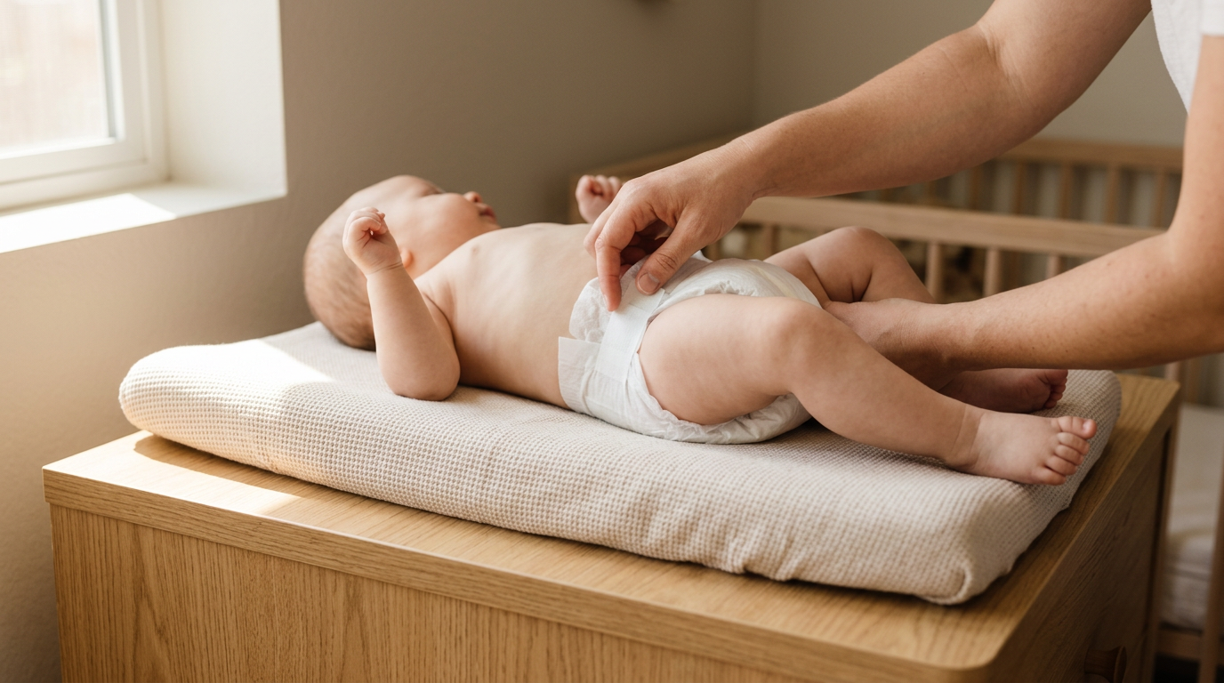 A baby diaper and changing supplies arranged on a nursery changing table.