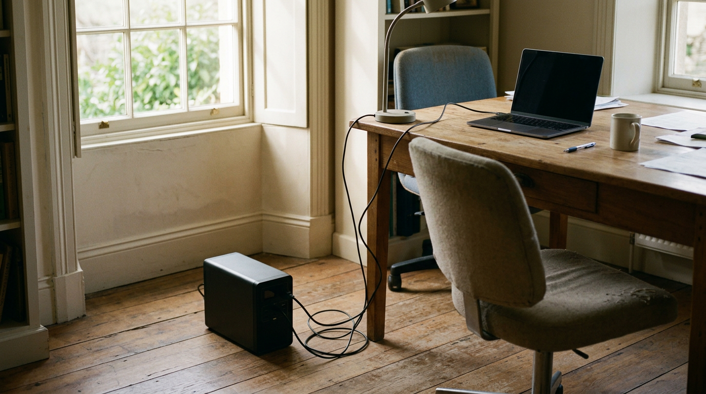 A medium shot capturing a sun-drenched home office corner during a daytime power outage.