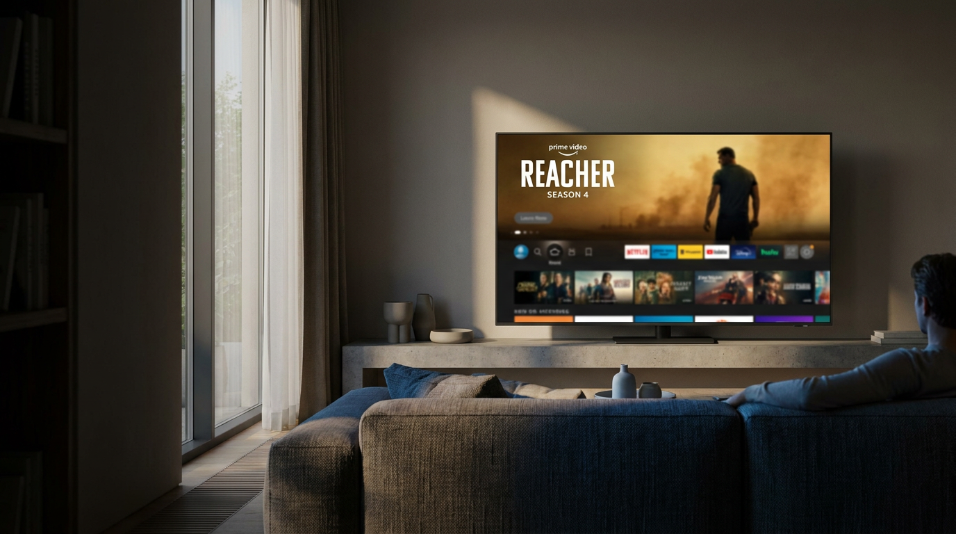 A person on a sofa watches a TV displaying a streaming menu for Reacher Season 4 in a modern living room with soft sunlight.