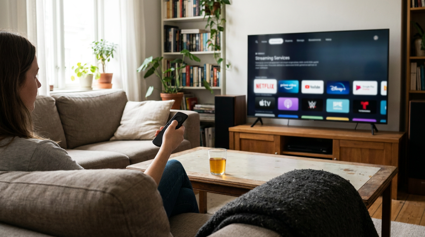 A person sitting on a living room sofa holds a remote control pointed at a television displaying a streaming service menu.
