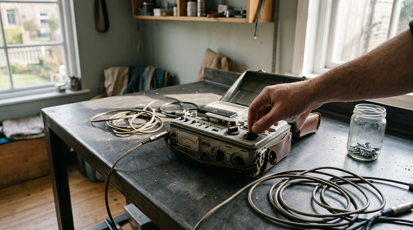 An overhead shot of a sturdy, anthracite-toned metal workbench cluttered with an open vintage field recorder and tangled analog cables.