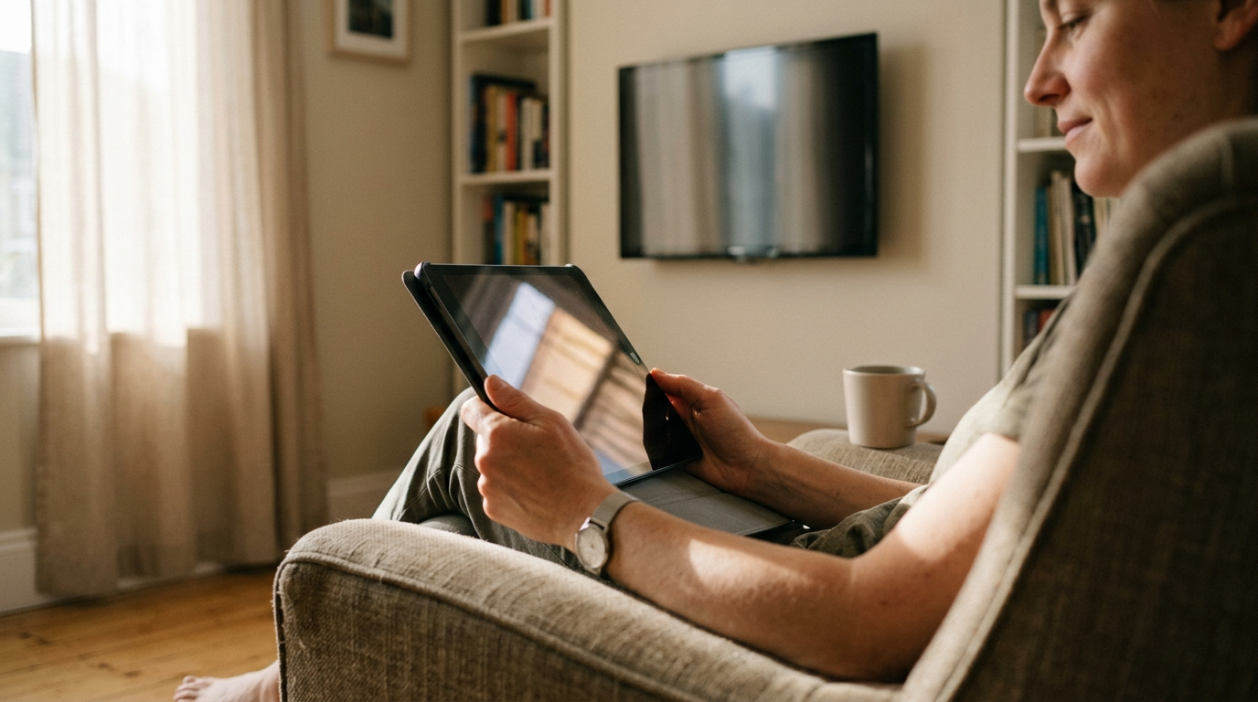 A medium shot captures a viewer settled onto a worn fabric sofa in a sun-drenched living room.