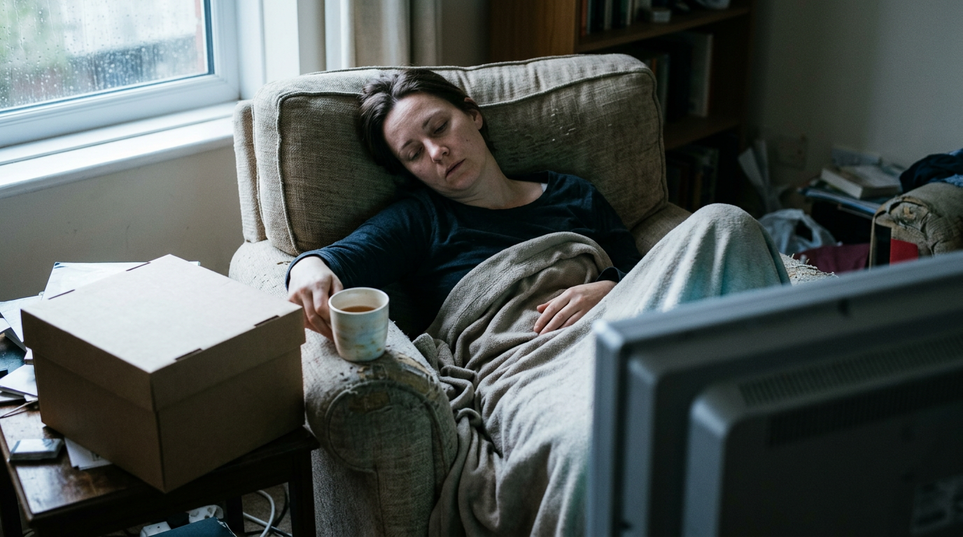 A close-up, high-angle shot captures a person slumped into a worn fabric armchair, their hand resting near a half-empty mug of tea on a cluttered side table.