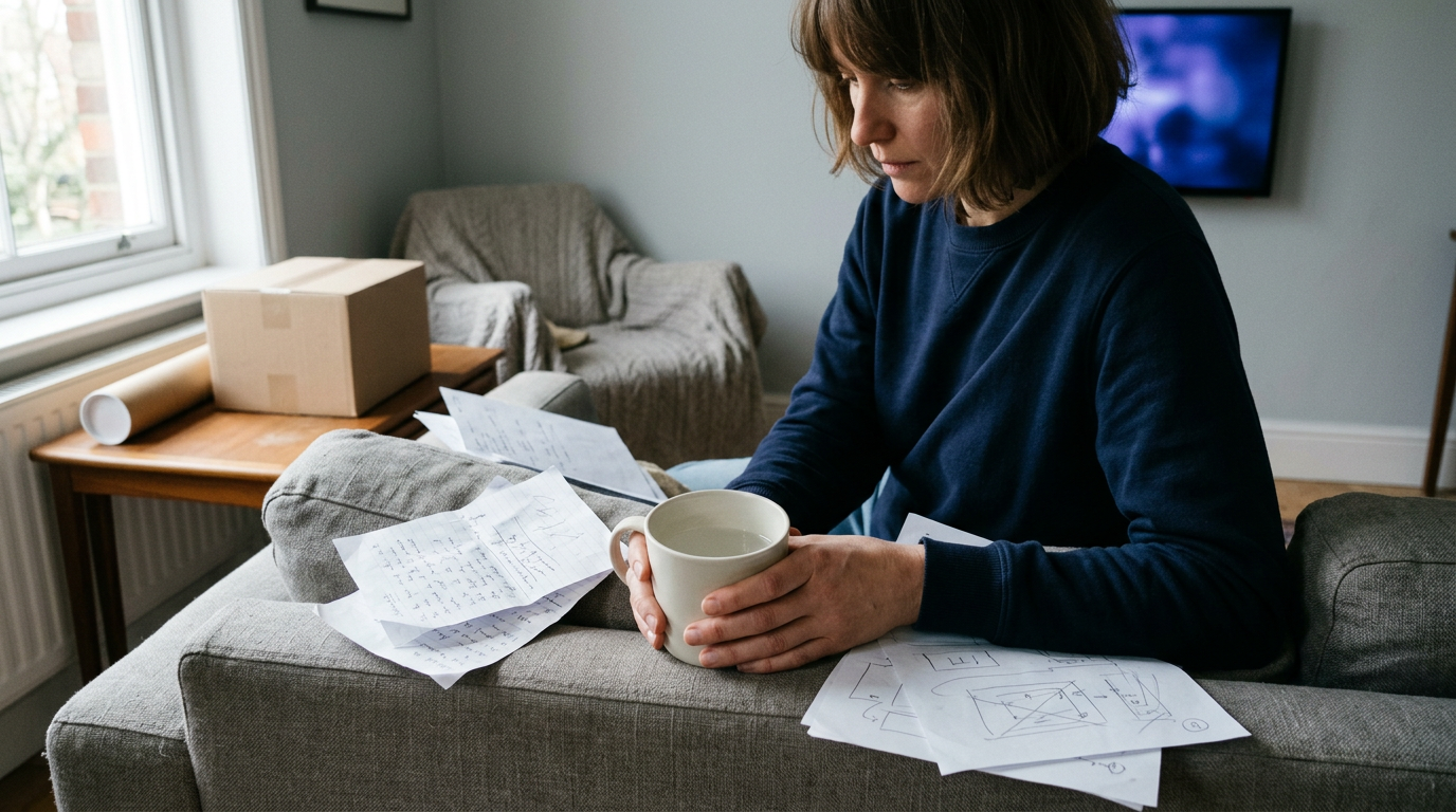 A close-up, high-angle shot captures a pair of hands resting on a worn, textured linen sofa, clutching a half-empty ceramic mug.