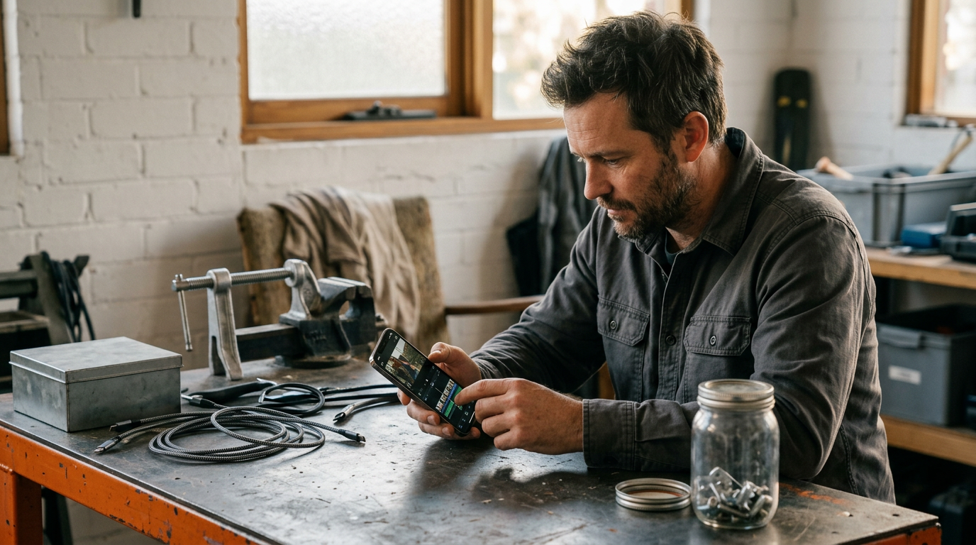A creative professional sits at a worn, anthracite-colored metal workbench dusted with fine particles, bathed in the sharp, raking light of a late afternoon sun.