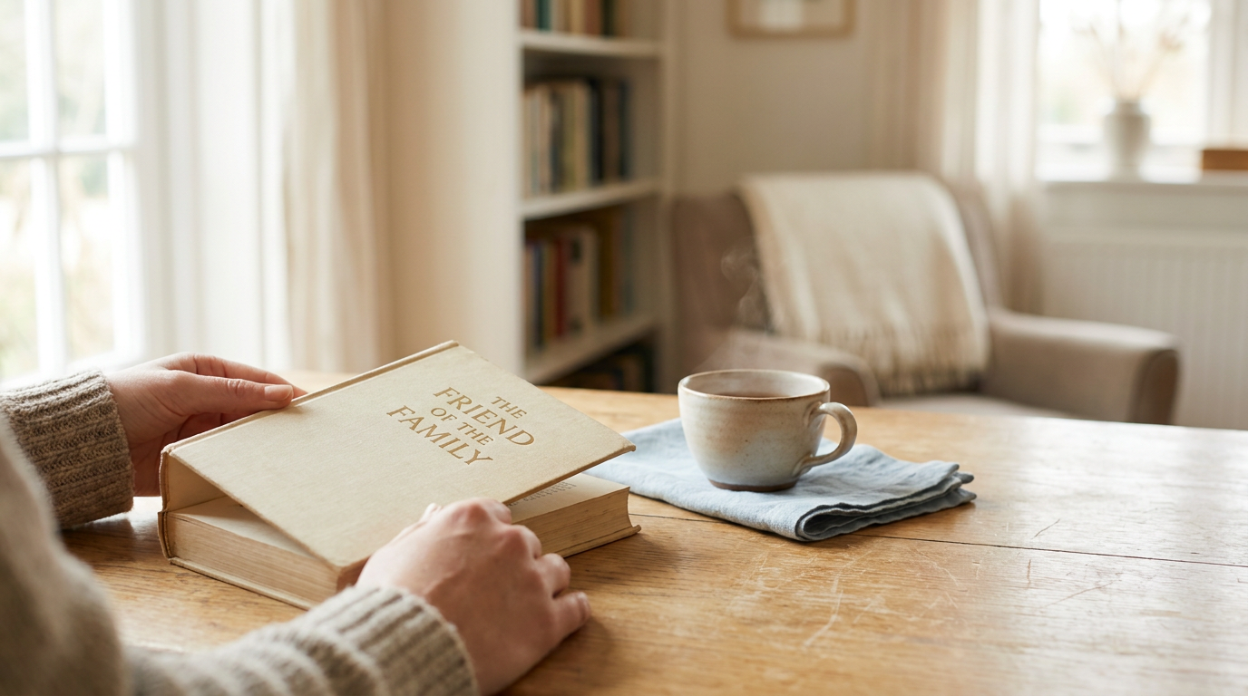 Hands holding a book titled "The Friend of the Family" on a wooden table beside a steaming mug on a blue cloth napkin.