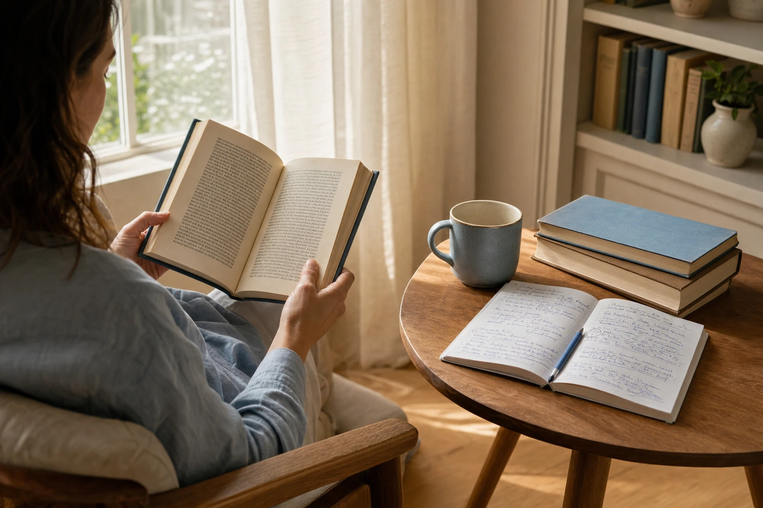 A woman reads an open book in an armchair next to a wooden table holding a blue mug, an open notebook, a pen, and stacked books.