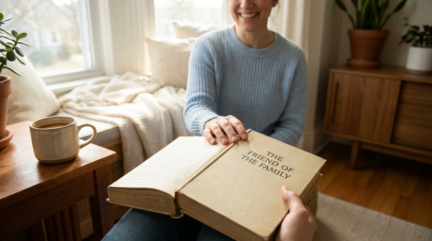 A smiling woman in a blue sweater and another person hold open an old book titled The Friend of the Family in a cozy room.