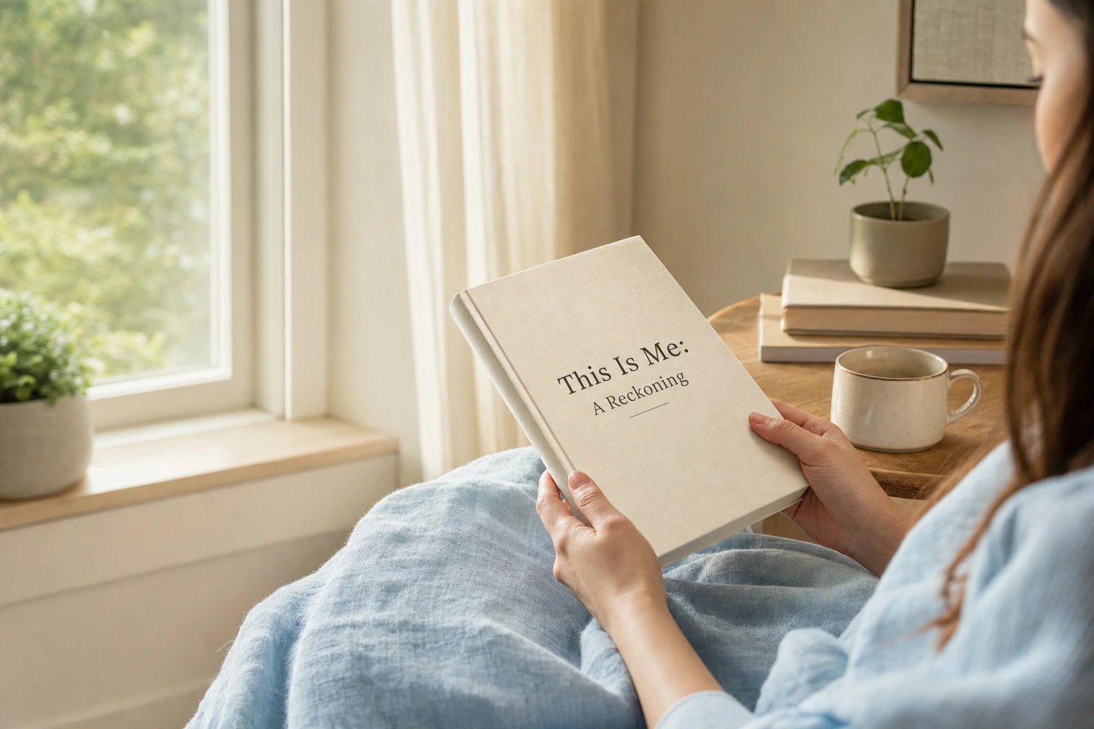 A person wrapped in a blue blanket holds a book titled "This Is Me: A Reckoning" near a window in a brightly lit room.
