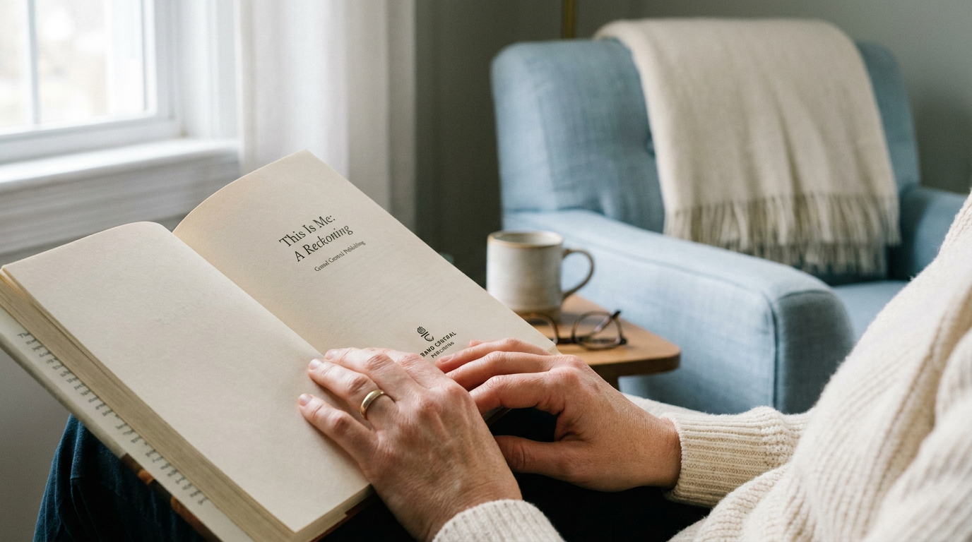 A person holding an open book in their lap, with a light blue armchair, mug, and glasses on a side table in the background.