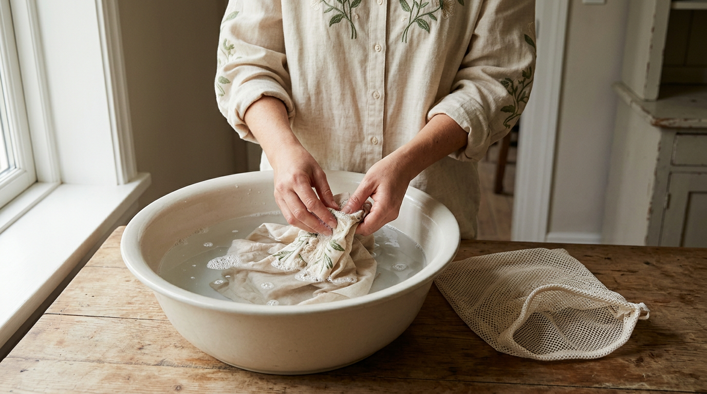 A candid, eye-level shot captures a person’s hands gently submerging the textured linen shirt into a ceramic basin filled with cool water.