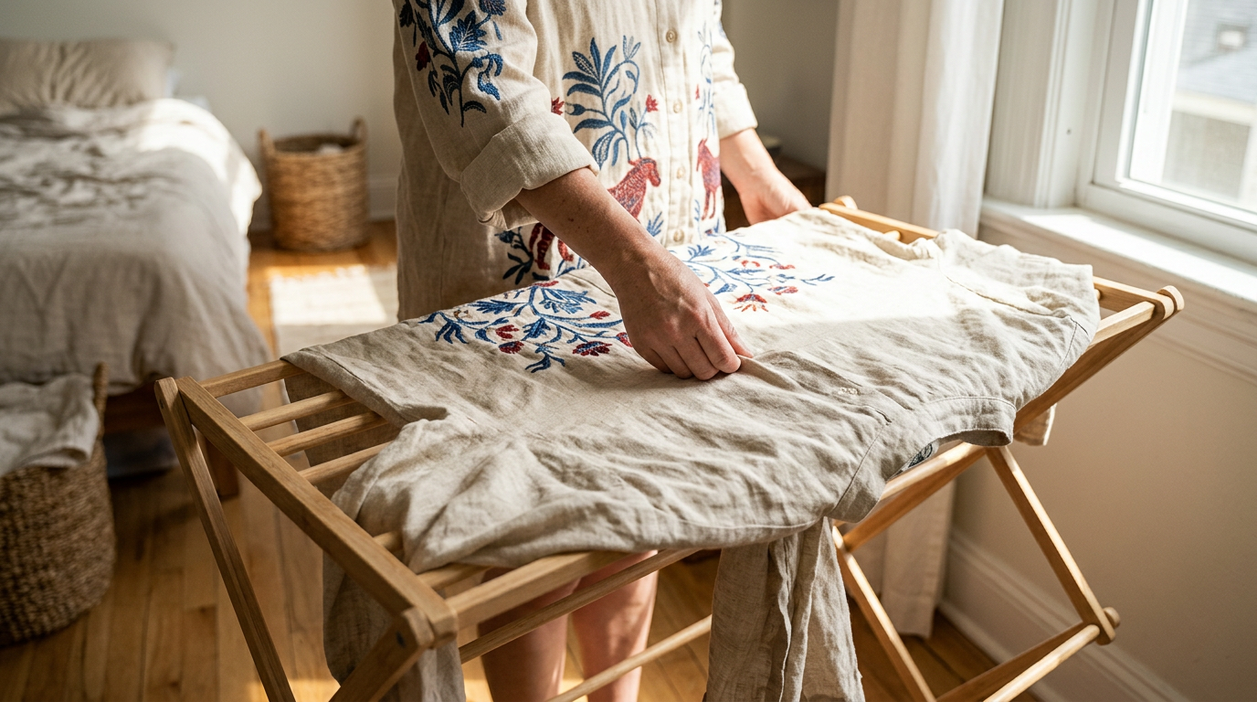 Close-up, candid shot of hands carefully smoothing the damp linen shirt across a wooden drying rack placed in a sun-drenched, airy bedroom.