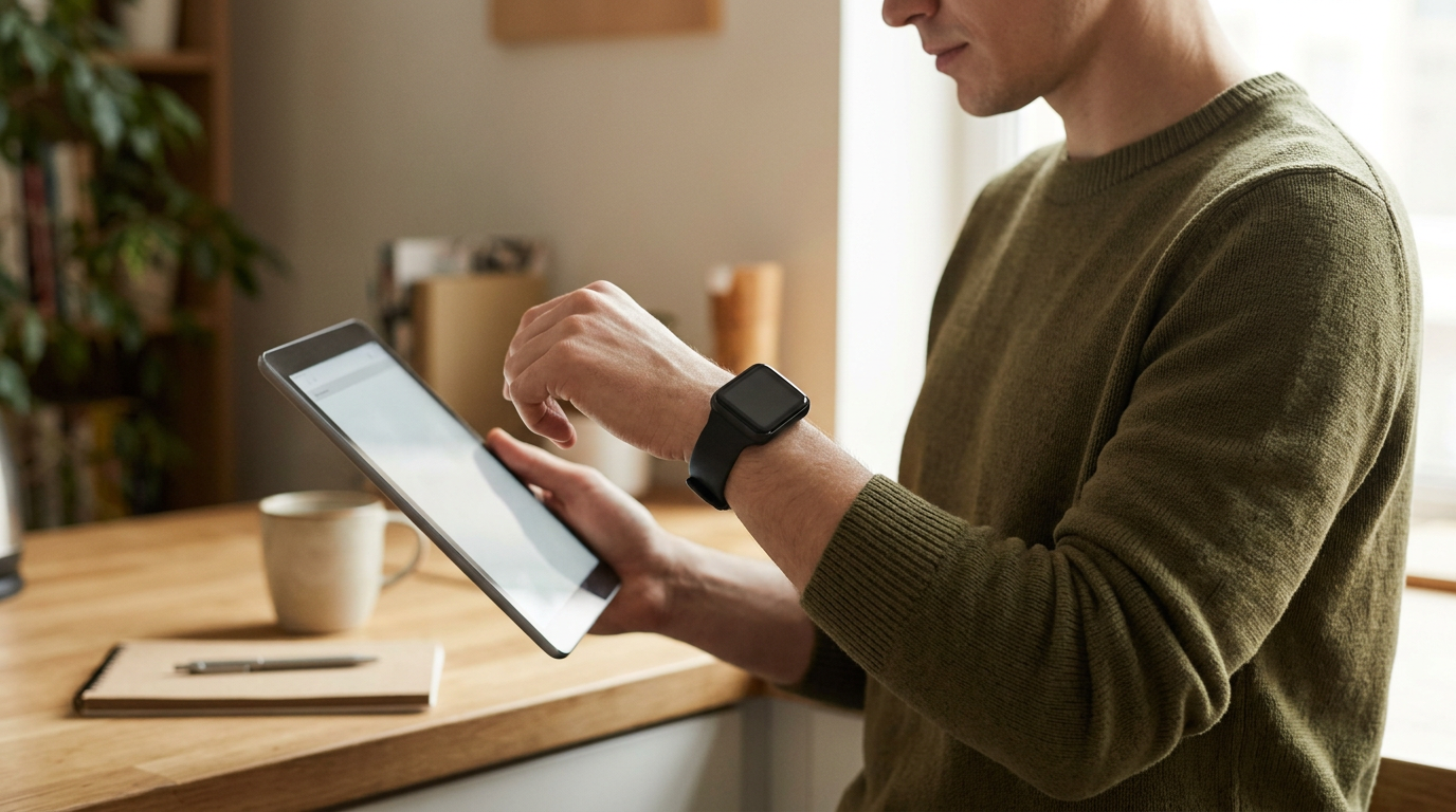 A candid daylight photograph of an anonymous person wearing where to watch apple watch series 11 reviews and what you need in an ordinary real place — bedroom, hallway, terrace or 