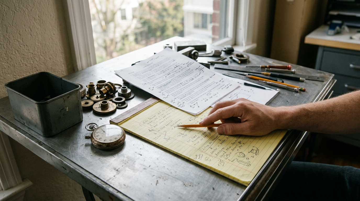 A top-down, slightly high-angle shot of a cluttered, raw metal drafting table bathed in natural, late-afternoon window light.
