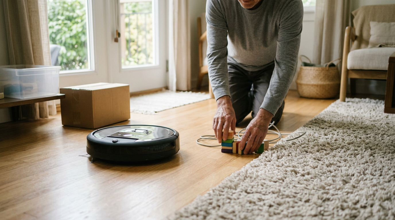 A robot vacuum moves from a hardwood floor toward a thick living-room rug.