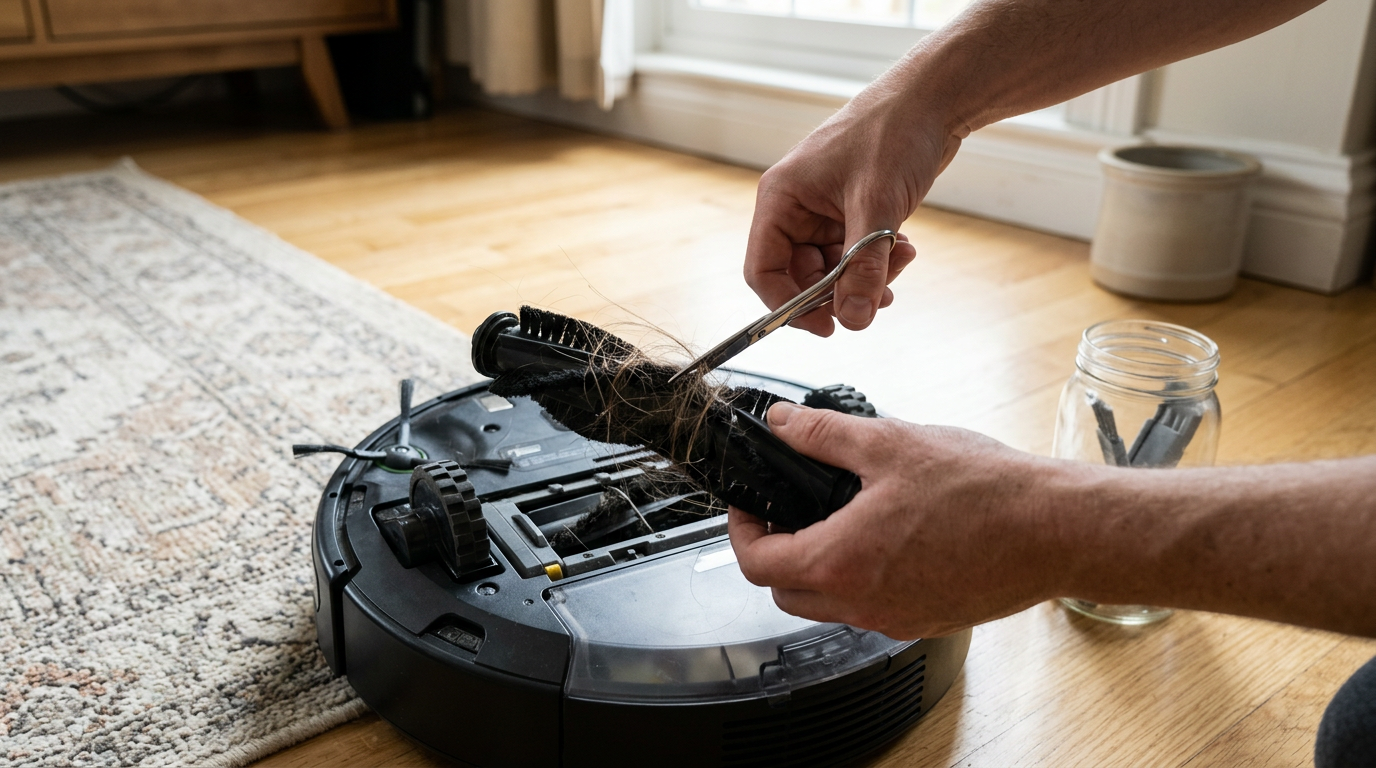A close-up, high-angle shot focusing on a pair of hands using a pair of scissors to carefully snip away a tangle of long human hair and carpet fibers caught around the machine’s pr