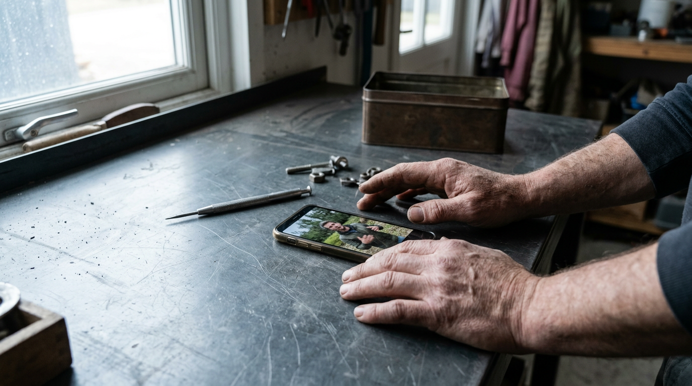 Hands beside a smartphone displaying an unedited vertical video clip.