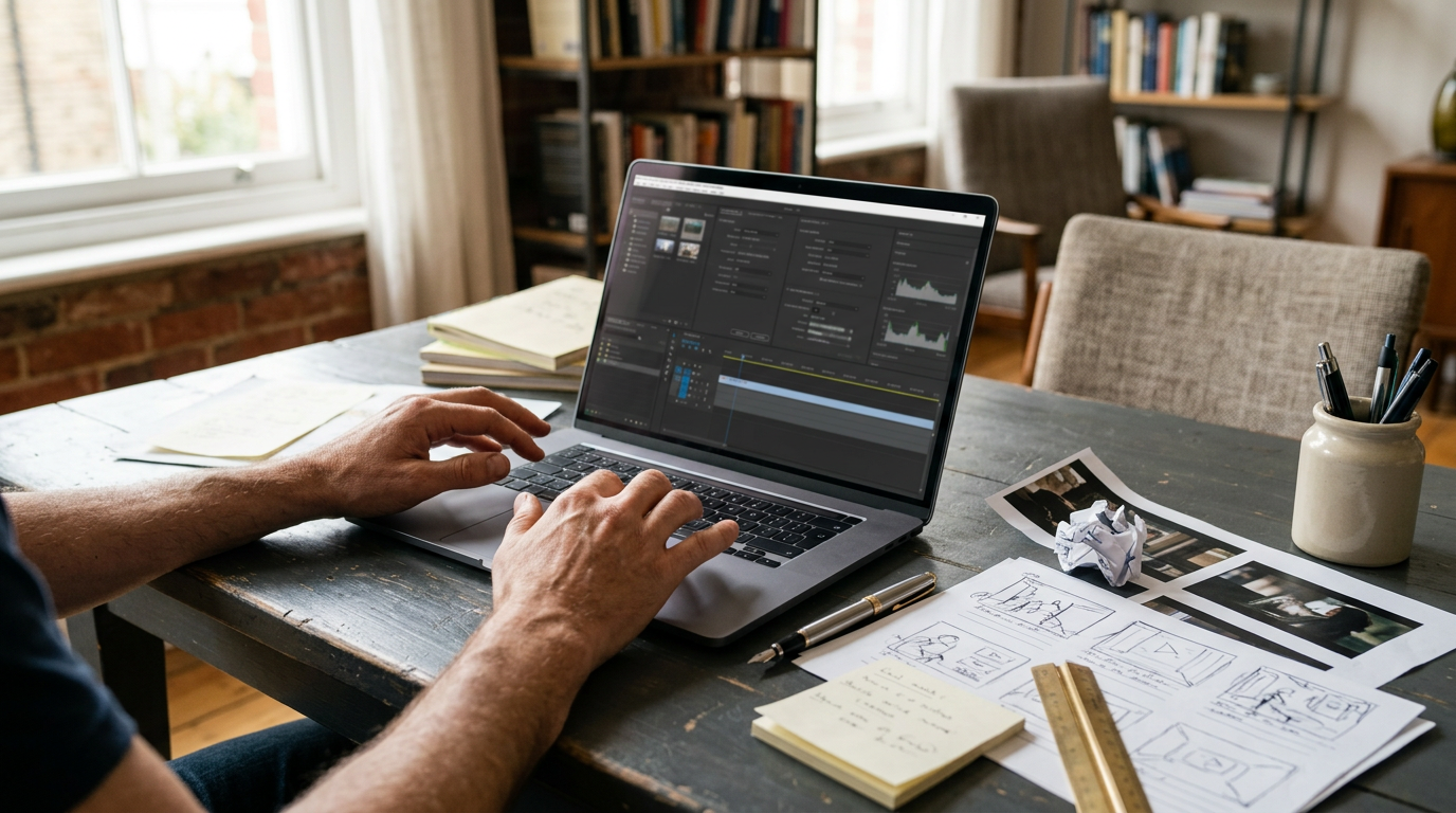 A weathered, anthracite-toned desk sits beneath a bright, side-lit window, scattered with hand-drawn storyboards and crumpled printouts of video frames.