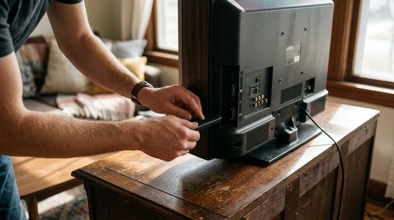 A close-up, high-angle shot captures a person’s hands connecting a slender streaming dongle into the side of a vintage-style television.