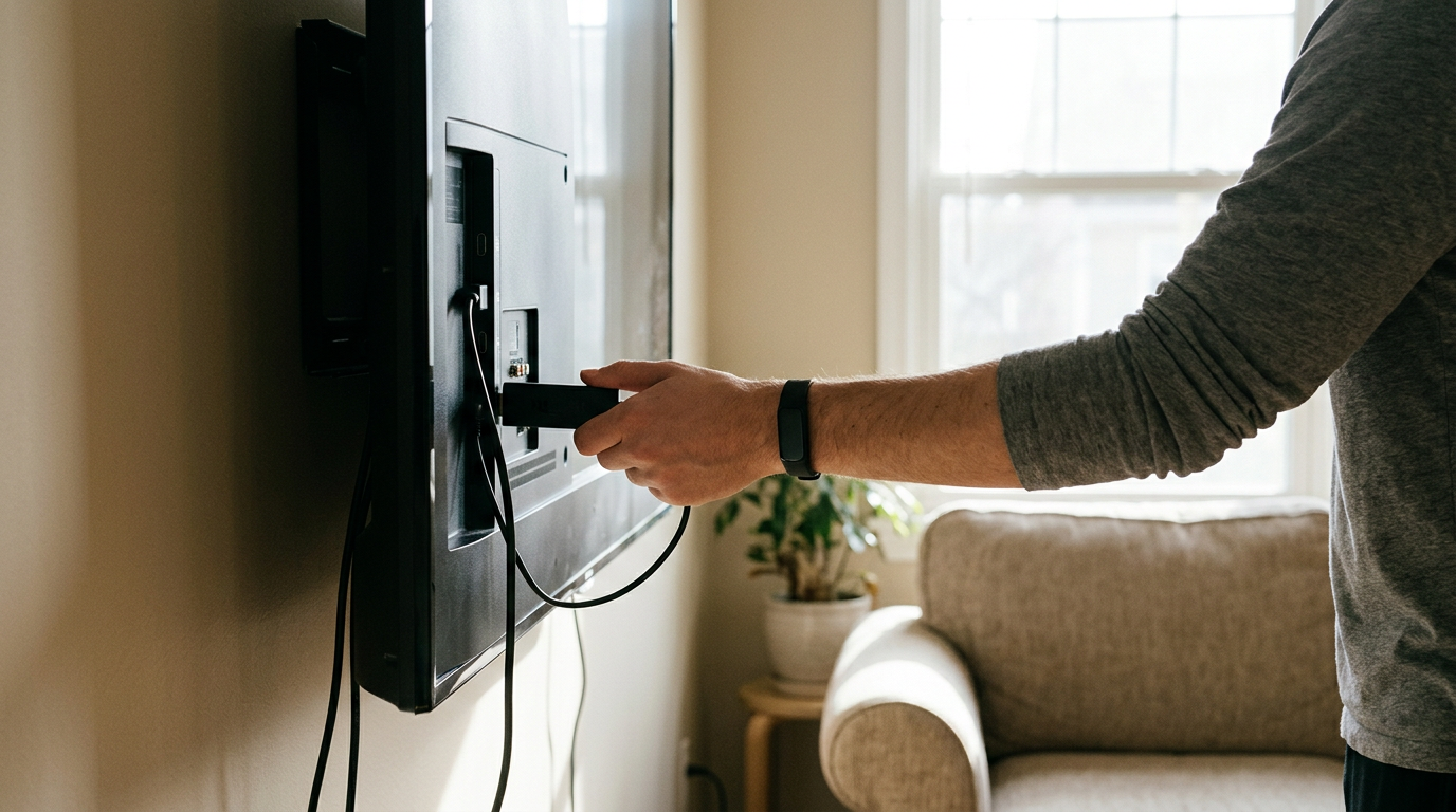 A close-up, documentary-style shot captures a person’s hand inserting a small media dongle into the rear HDMI port of a sleek, wall-mounted television.