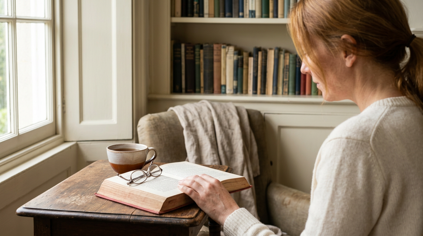 A sun-drenched reading nook in a quiet home, captured in soft, natural morning light.