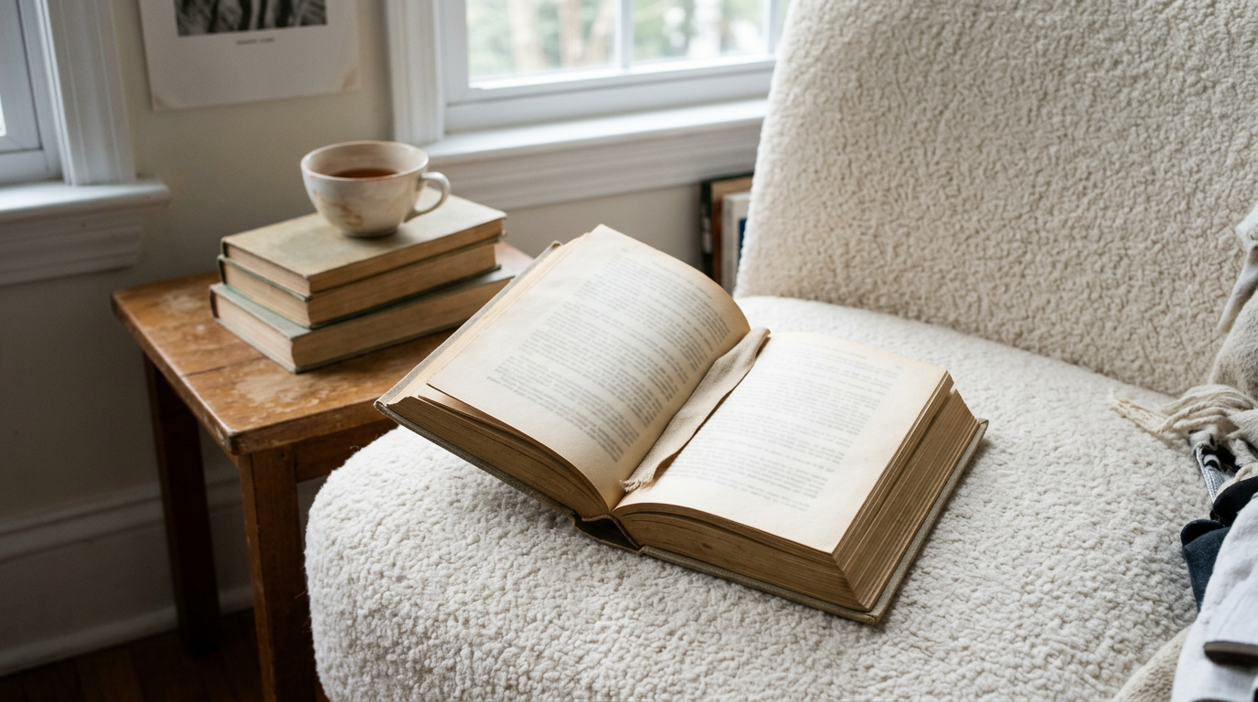 A high-angle, medium shot captures a weathered, cloth-bound book left open on a cream-colored wool armchair.