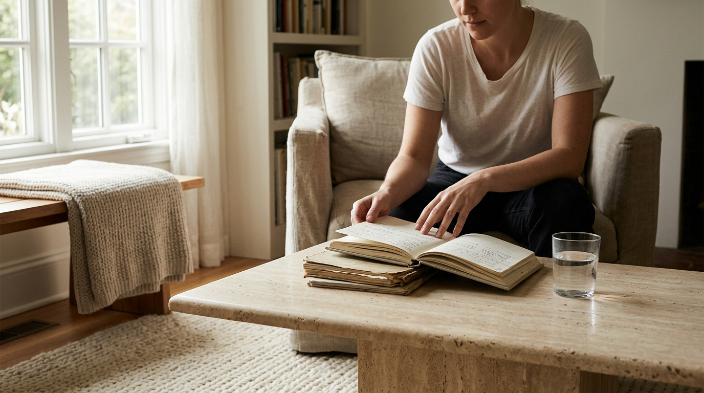 An open book resting in a sunlit corner of a quiet living room.
