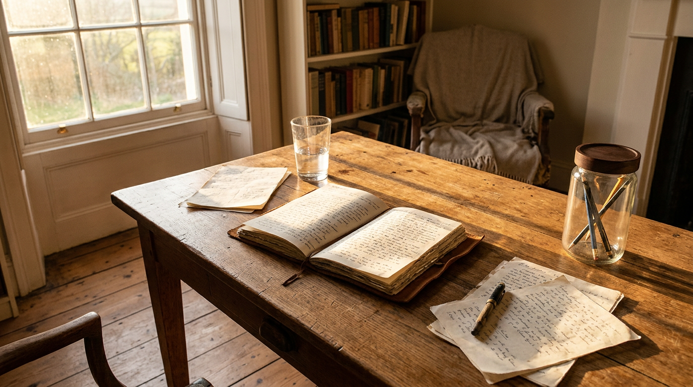 A wide-angle, eye-level shot captures a sun-drenched study at dusk.