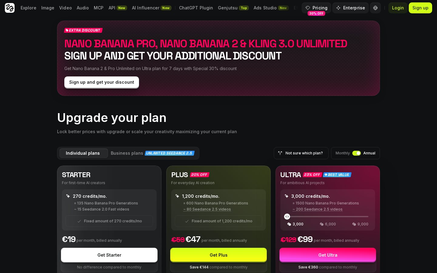 Higgsfield pricing plans with monthly credits